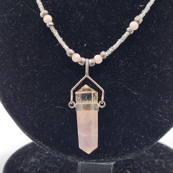 Healing Quartz Crystal Pendant Rose Quartz Sterling Silver Magnetic Clasp 16in - Picture 1 of 6